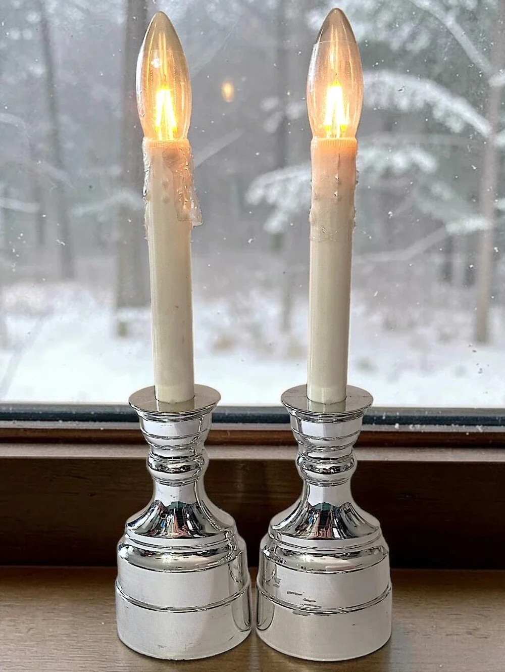 2 Vintage Bethlehem Lights Candles Battery Operated Taper Timer Silver Tone